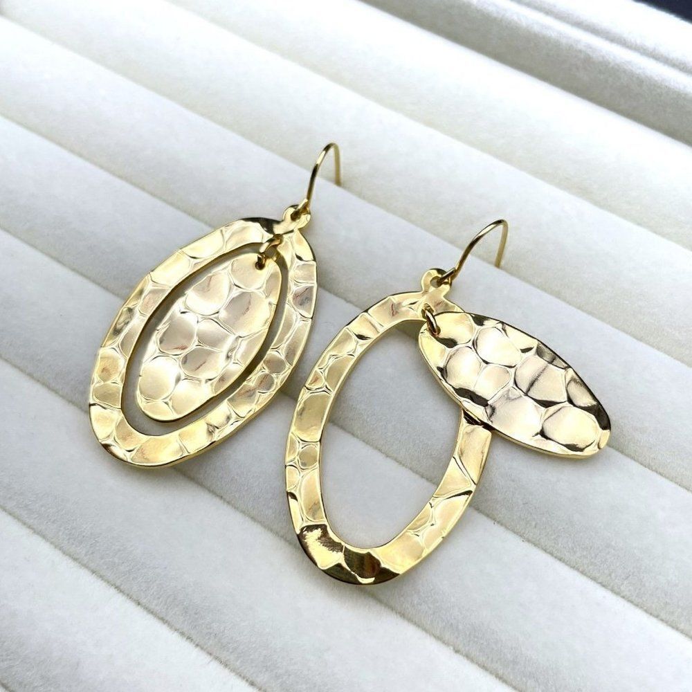 Yellow Gold Hammered Double Oval Shiny Dangling Drop Hook Earrings - Picture 6 of 8
